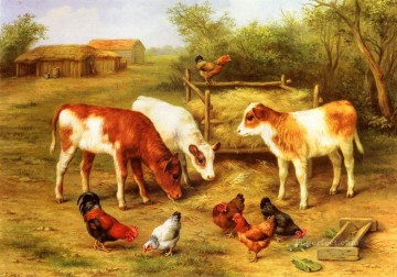 Terneros y gallinas alimentándose en un corral animales de granja Edgar Hunt Pinturas al óleo